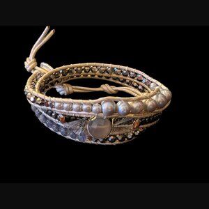 Nakamol Natural Stone And Real Pearl Coated Leather Cord Wrap 21.5" Bracelet